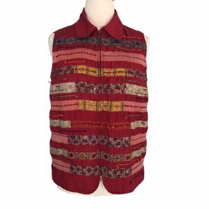 TanJay Embellished Patchwork Vest Blouse Festival Artwear Size 16 Full Zip Red